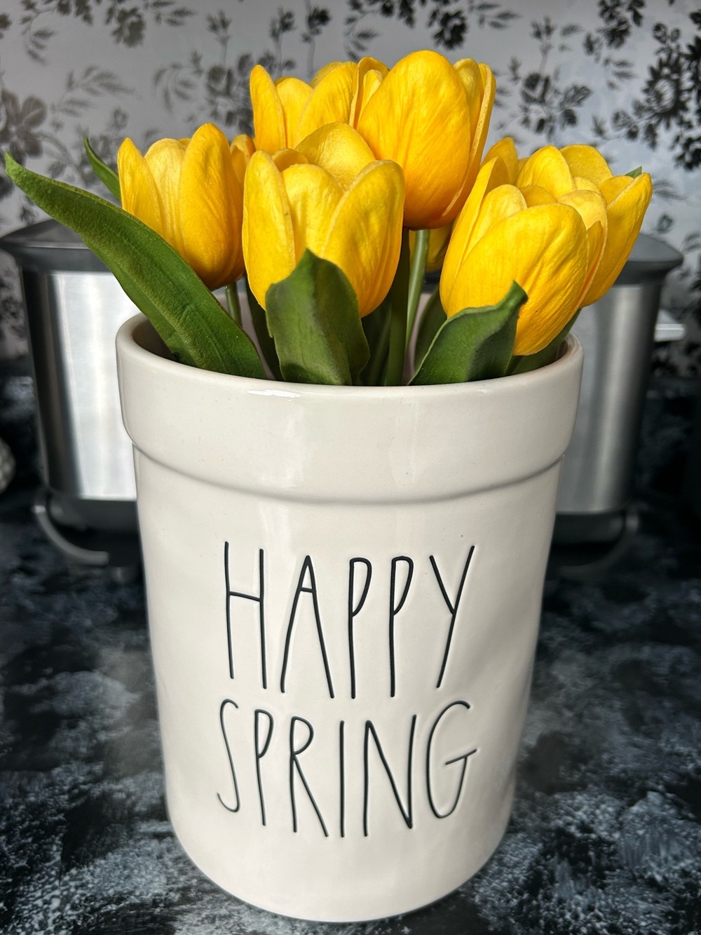 Rae Dunn “Happy Spring” Crock With Realistic Flowers